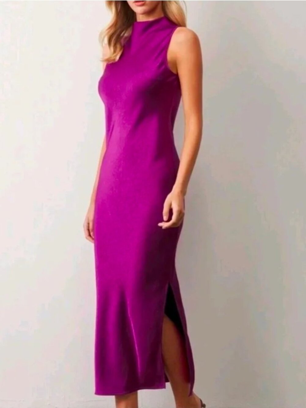 Purple (Magenta) Mock Neck Satin Dress (XL)